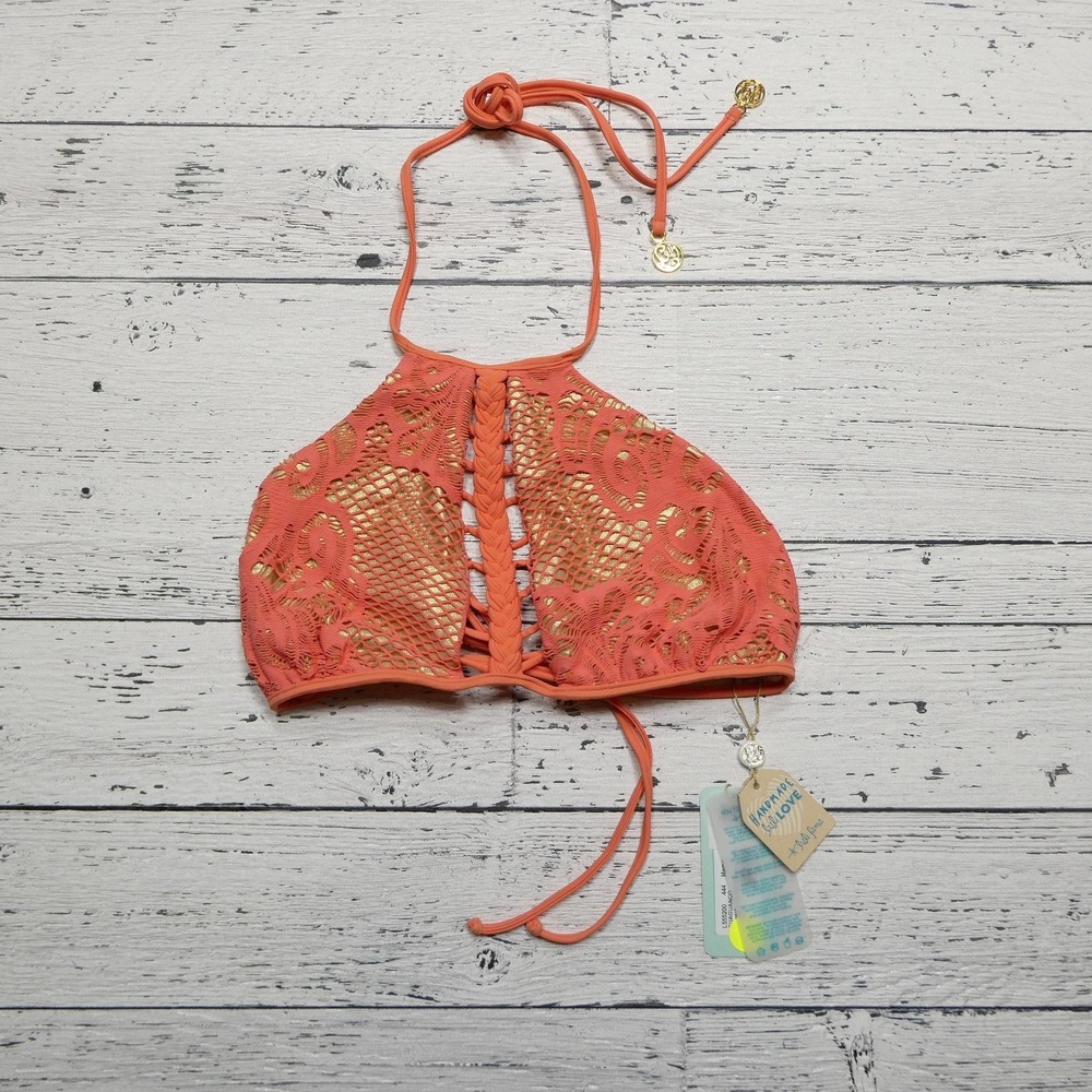 Luli Fama Bikini Top Womens Large Halter‎ Braided Lace Up Mamey 182227 Swim